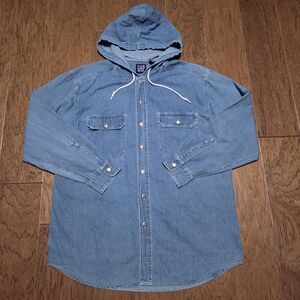 GAP Vintage Blue Denim Hoodie Shacket Shirt Size Large Men Button Up Pockets